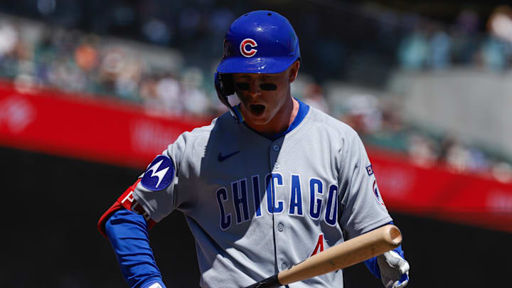 Aug 28, 2025; San Francisco, California, USA; Chicago Cubs center fielder Pete Crow-Armstrong (4) reacts after striking out during the fourth inning against the San Francisco Giants at Oracle Park. Mandatory Credit: Sergio Estrada-Imagn Images