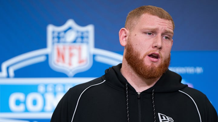 Feb 28, 2026; Indianapolis, IN, USA; Georgia Tech offensive lineman Keylan Rutledge (OL44) speaks to members of the media during the NFL Combine at the Indiana Convention Center. Mandatory Credit: Jacob Musselman-Imagn Images