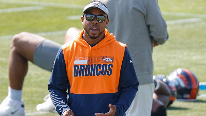 Denver Broncos defensive backs coach Christian Parker during training camp at UCHealth Training Complex.