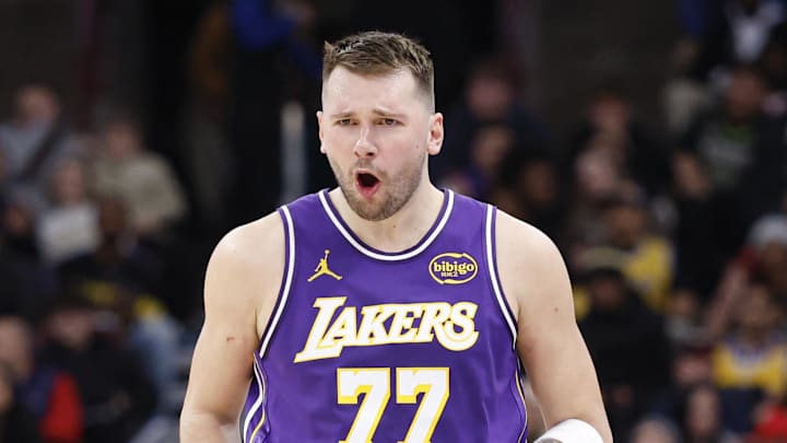 Jan 26, 2026; Chicago, Illinois, USA; Los Angeles Lakers guard Luka Doncic (77) reacts after scoring against the Chicago Bulls during the second half at United Center. Mandatory Credit: Kamil Krzaczynski-Imagn Images