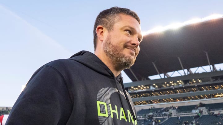 Oregon head coach Dan Lanning walks off after his win as the Oregon Ducks host the USC Trojans on Nov. 22, 2025, at Autzen Stadium in Eugene, Oregon.