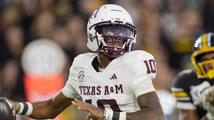Nov 8, 2025; Columbia, Missouri, USA; Texas A&M Aggies quarterback Marcel Reed (10) throws a pass during the second half against the Missouri Tigers at Faurot Field at Memorial Stadium. Mandatory Credit: Jay Biggerstaff-Imagn Imagess Nov 8, 2025; Columbia, Missouri, USA; Texas A&M Aggies quarterback Marcel Reed (10) throws a pass during the second half against the Missouri Tigers at Faurot Field at Memorial Stadium. Mandatory Credit: Jay Biggerstaff-Imagn Imagess