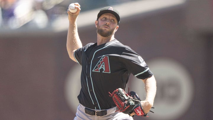 Sep 5, 2024; San Francisco, California, USA;  Arizona Diamondbacks pitcher Merrill Kelly (29) pitches during the second inning against the San Francisco Giants at Oracle Park.