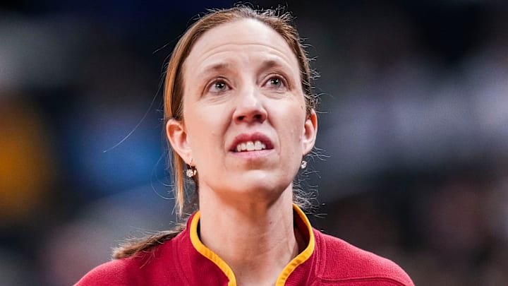 USC Trojans head coach Lindsay Gottlieb reacts to the action Saturday, March 8, 2025, in a semifinals game at the 2025 TIAA Big Ten Women's Basketball Tournament between the Iowa Hawkeyes and the Ohio State Buckeyes at Gainbridge Fieldhouse in Indianapolis.