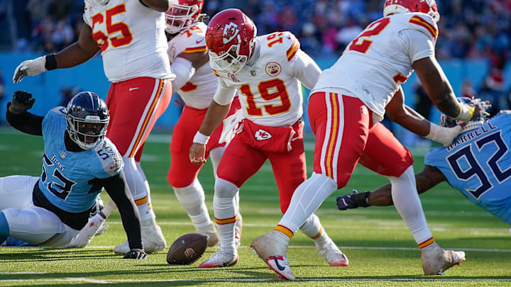 Kansas City Chiefs quarterback Chris Oladokun (19) fumbles the ball during the third quarter against the Tennessee Titans at Nissan Stadium in Nashville, Tenn., Sunday, Dec. 21, 2025.