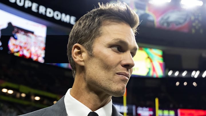 Feb 9, 2025; New Orleans, LA, USA; Fox Sports announcer Tom Brady on the field before Super Bowl LIX between the Philadelphia Eagles and the Kansas City Chiefs at Ceasars Superdome. Mandatory Credit: Mark J. Rebilas-Imagn Images