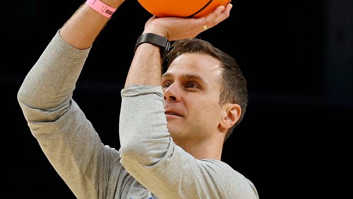 Mar 26, 2026; Washington, DC, USA; Duke Blue Devils head coach Jon Scheyer shoots a ball during a practice session ahead of the east regional of the men's 2026 NCAA Tournament at Capital One Arena. Mandatory Credit: Geoff Burke-Imagn Images