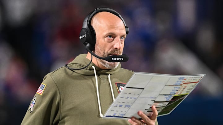 Nov 2, 2025; Orchard Park, New York, USA; Kansas City Chiefs offensive coordinator Matt Nagy looks on during the third quarter against the Buffalo Bills at Highmark Stadium. Mandatory Credit: Mark Konezny-Imagn Images