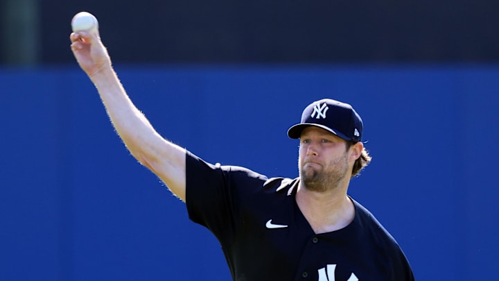 Feb 13, 2026; Tampa, FL, USA;  New York Yankees pitcher Gerrit Cole (45)  works out during spring training practices at George M. Steinbrenner Field. Mandatory Credit: Kim Klement Neitzel-Imagn Images