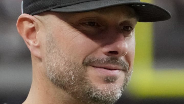 Jan 4, 2026; Paradise, Nevada, USA; Las Vegas Raiders general manager John Spytek reacts during the game against the Kansas City Chiefs at Allegiant Stadium. Mandatory Credit: Kirby Lee-Imagn Images