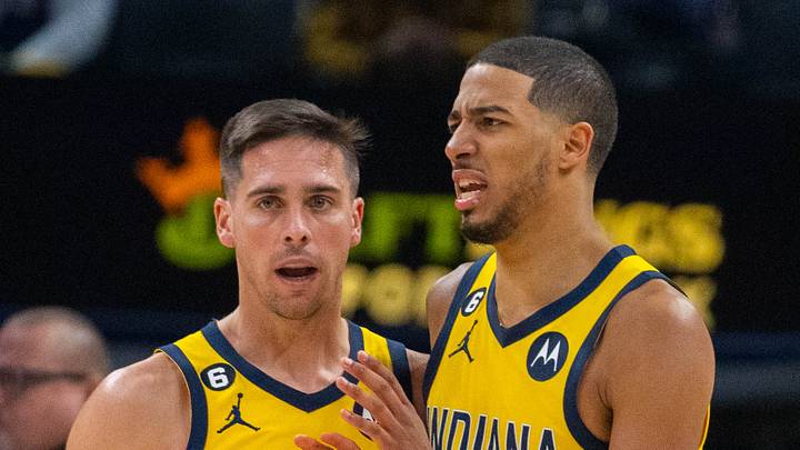 Nov 25, 2022; Indianapolis, Indiana, USA; Indiana Pacers guard T.J. McConnell (9) holds back guard Tyrese Haliburton (0) in the second half against the Brooklyn Nets at Gainbridge Fieldhouse. Mandatory Credit: Trevor Ruszkowski-USA TODAY Sports Nov 25, 2022; Indianapolis, Indiana, USA; Indiana Pacers guard T.J. McConnell (9) holds back guard Tyrese Haliburton (0) in the second half against the Brooklyn Nets at Gainbridge Fieldhouse. Mandatory Credit: Trevor Ruszkowski-USA TODAY Sports