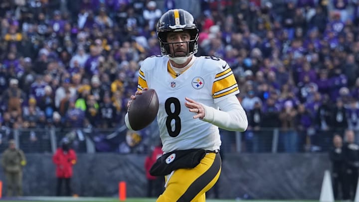Dec 7, 2025; Baltimore, Maryland, USA; Pittsburgh Steelers quarterback Aaron Rodgers (8) looks to pass the ball against the Baltimore Ravens during the first half at M&T Bank Stadium. Mandatory Credit: Mitch Stringer-Imagn Images Dec 7, 2025; Baltimore, Maryland, USA; Pittsburgh Steelers quarterback Aaron Rodgers (8) looks to pass the ball against the Baltimore Ravens during the first half at M&T Bank Stadium. Mandatory Credit: Mitch Stringer-Imagn Images