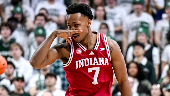 Indiana's Nick Dorn celebrates a 3-pointer against Michigan State during the first half on Tuesday, Jan. 13, 2026, at the Breslin Center in East Lansing.