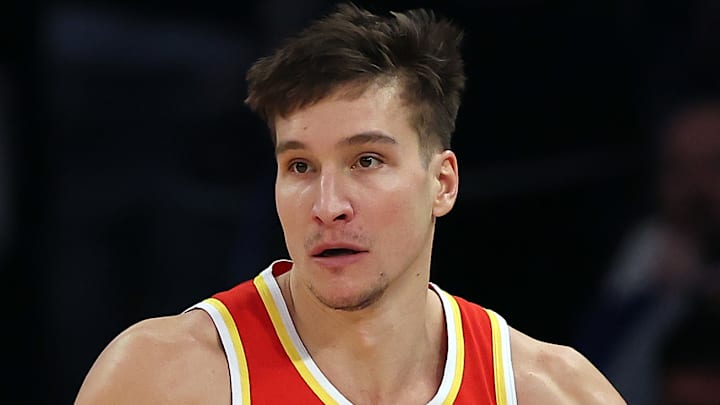 Former Atlanta Hawks guard Bogdan Bogdanovic #13 dribbles against the New York Knicks.