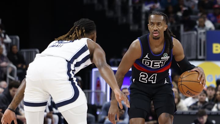 Mar 13, 2026; Detroit, Michigan, USA; Detroit Pistons guard Daniss Jenkins (24) dribbles defended by Memphis Grizzlies guard Javon Small (10) in the first half at Little Caesars Arena. Mandatory Credit: Rick Osentoski-Imagn Images Mar 13, 2026; Detroit, Michigan, USA; Detroit Pistons guard Daniss Jenkins (24) dribbles defended by Memphis Grizzlies guard Javon Small (10) in the first half at Little Caesars Arena. Mandatory Credit: Rick Osentoski-Imagn Images