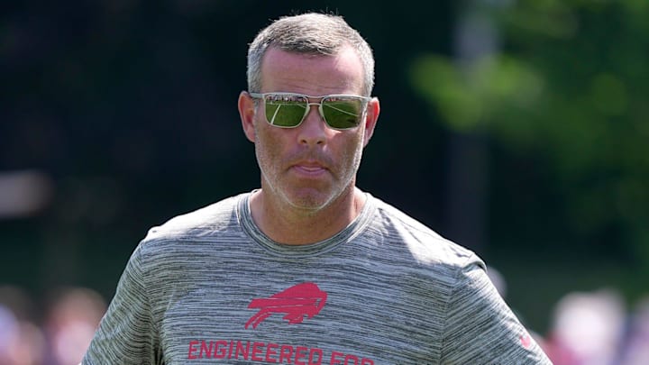 Brandon Beane, general manager of then Buffalo Bills, heads off the field at the end of practice at the Buffalo Bills training camp at St. John Fisher University in Pittsford on July 24, 2025.