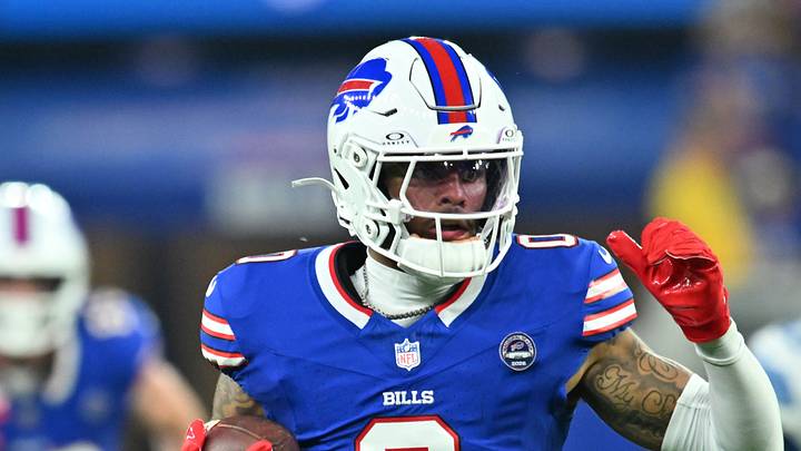 Sep 17, 2026; Orchard Park, New York, USA;  Buffalo Bills wide receiver Keon Coleman (0) runs against the Detroit Lions during the first half at New Highmark Stadium.  Mandatory Credit: Mark Konezny-Imagn Images