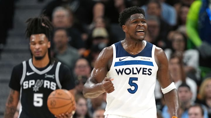 May 12, 2026; San Antonio, Texas, USA; Minnesota Timberwolves guard Anthony Edwards (5) argues a call from an official during the first half of game five of the second round of the 2026 NBA Playoffs against the San Antonio Spurs at Frost Bank Center. Mandatory Credit: Scott Wachter-Imagn Images