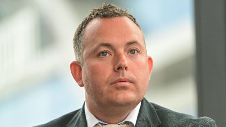 Milwaukee Bucks general manager Jon Horst talks about the hiring of a new head coach at a press conference in Milwaukee on June 6, 2023.