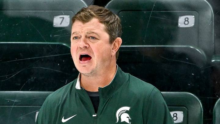Michigan State’s head coach Adam Nightingale calls out to players during hockey practice on Wednesday, Oct. 7, 2026, at Munn Ice Arena in East Lansing. Michigan State’s head coach Adam Nightingale calls out to players during hockey practice on Wednesday, Oct. 7, 2026, at Munn Ice Arena in East Lansing.