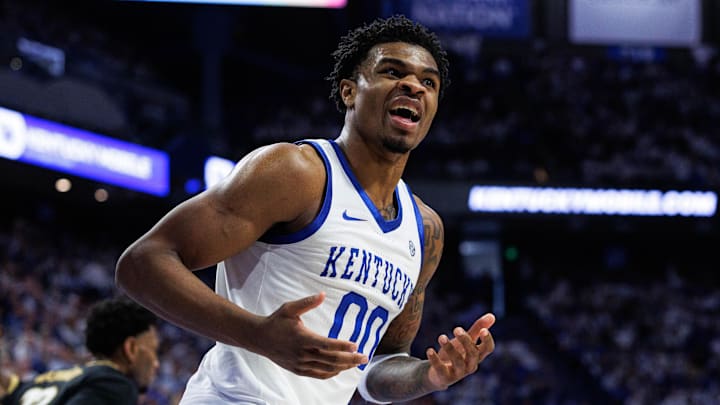 Feb 28, 2026; Lexington, Kentucky, USA; Kentucky Wildcats guard Otega Oweh (00) reacts towards a referee after a play at the basket during the second half against the Vanderbilt Commodores at Rupp Arena at Central Bank Center. Mandatory Credit: Jordan Prather-Imagn Images Feb 28, 2026; Lexington, Kentucky, USA; Kentucky Wildcats guard Otega Oweh (00) reacts towards a referee after a play at the basket during the second half against the Vanderbilt Commodores at Rupp Arena at Central Bank Center. Mandatory Credit: Jordan Prather-Imagn Images
