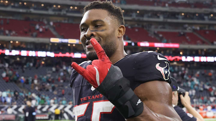 Dec 15, 2024; Houston, Texas, USA;  Houston Texans defensive end Danielle Hunter (55) reacts after a game against the Miami Dolphins at NRG Stadium. Mandatory Credit: Thomas Shea-Imagn Images