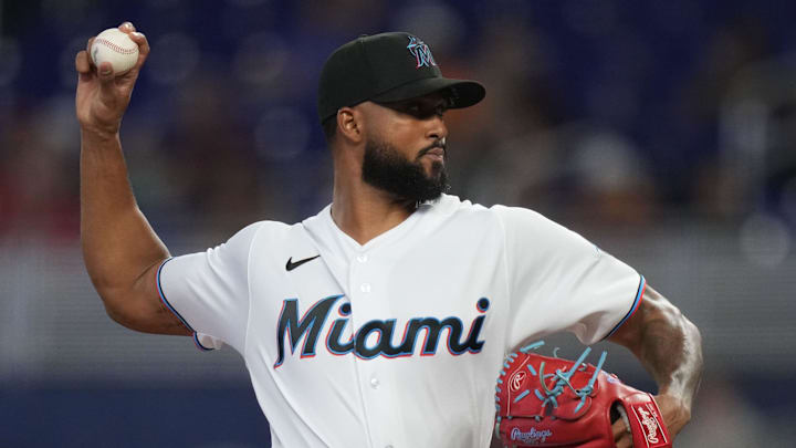 Miami, Florida, USA; Miami Marlins starting pitcher Sandy Alcantara (22) delivers a pitch in the first inning against the St. Louis Cardinals at loanDepot park.