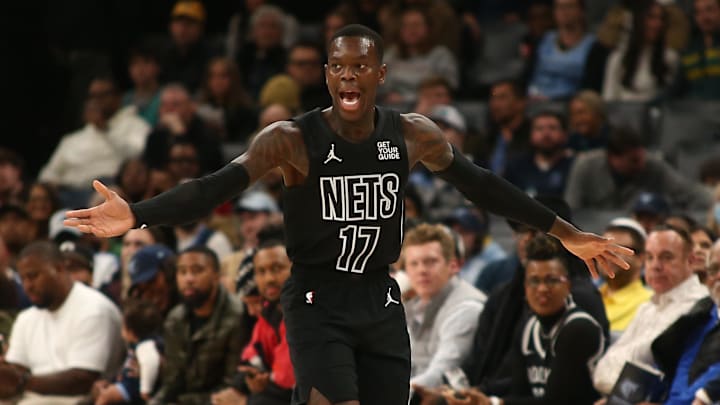 Dec 13, 2024; Memphis, Tennessee, USA; Brooklyn Nets guard Dennis Schroder (17) reacts during the first quarter against the Memphis Grizzlies at FedExForum. Mandatory Credit: Petre Thomas-Imagn Images