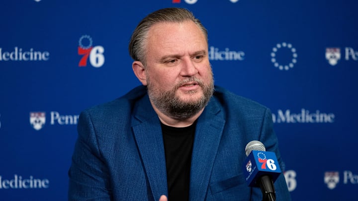 Dec 15, 2023; Philadelphia, Pennsylvania, USA; Philadelphia 76ers resident of Basketball Operations Daryl Morey speaks with the media before a game against the Detroit Pistons at Wells Fargo Center. Mandatory Credit: Bill Streicher-Imagn Images Dec 15, 2023; Philadelphia, Pennsylvania, USA; Philadelphia 76ers resident of Basketball Operations Daryl Morey speaks with the media before a game against the Detroit Pistons at Wells Fargo Center. Mandatory Credit: Bill Streicher-Imagn Images