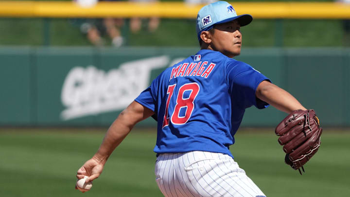 Mar 4, 2025; Mesa, Arizona, USA; Chicago Cubs pitcher Shota Imanaga (18) throws against the San Diego Padres in the first inning at Sloan Park.