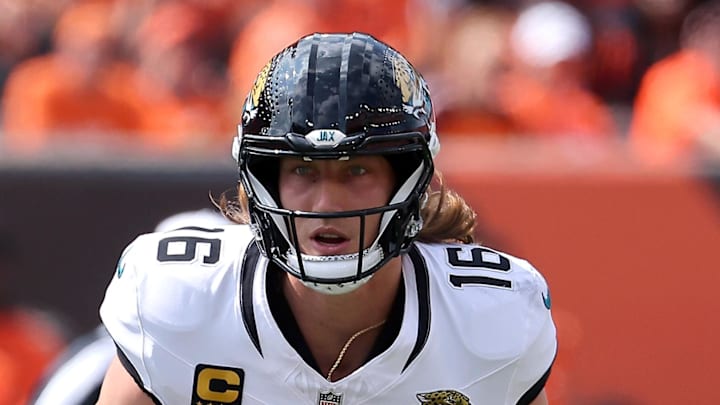 Sep 14, 2025; Cincinnati, Ohio, USA; Jacksonville Jaguars quarterback Trevor Lawrence (16) looks to pass during the second quarter against the Cincinnati Bengals at Paycor Stadium. Mandatory Credit: Joseph Maiorana-Imagn Images