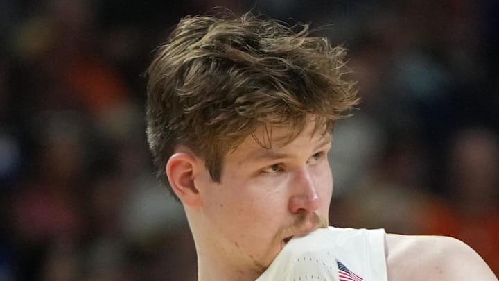 Mar 19, 2026; Greenville, SC, USA; North Carolina Tar Heels center Henri Veesaar (13) bites his jersey against the VCU Rams in the second half of a first round game of the men's 2026 NCAA Tournament at Bon Secours Wellness Arena. Mandatory Credit: Bob Donnan-Imagn Images