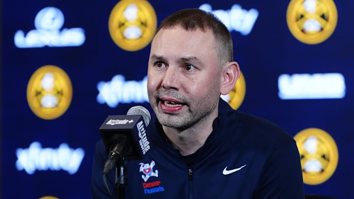 Mar 11, 2026; Denver, Colorado, USA; Denver Nuggets head coach David Adelman speaks to the media before the game against the Houston Rockets at Ball Arena. Mar 11, 2026; Denver, Colorado, USA; Denver Nuggets head coach David Adelman speaks to the media before the game against the Houston Rockets at Ball Arena.