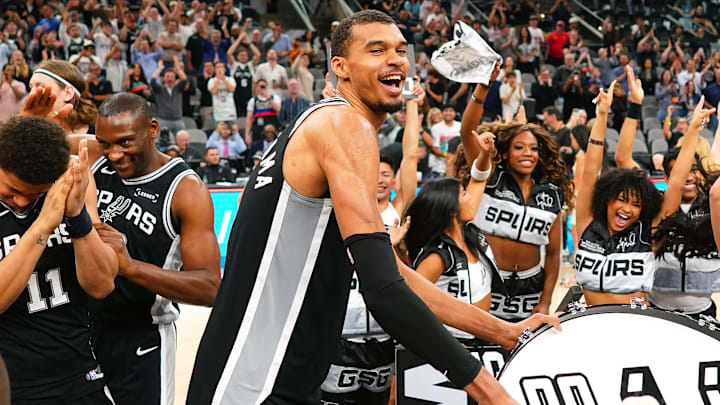 Mar 5, 2026; San Antonio, Texas, USA; San Antonio Spurs forward forward Victor Wembanyama (1) beats a drum and leads fans on a cheer after a victory over the Detroit Pistons at Frost Bank Center. Mandatory Credit: Scott Wachter-Imagn Images Mar 5, 2026; San Antonio, Texas, USA; San Antonio Spurs forward forward Victor Wembanyama (1) beats a drum and leads fans on a cheer after a victory over the Detroit Pistons at Frost Bank Center. Mandatory Credit: Scott Wachter-Imagn Images