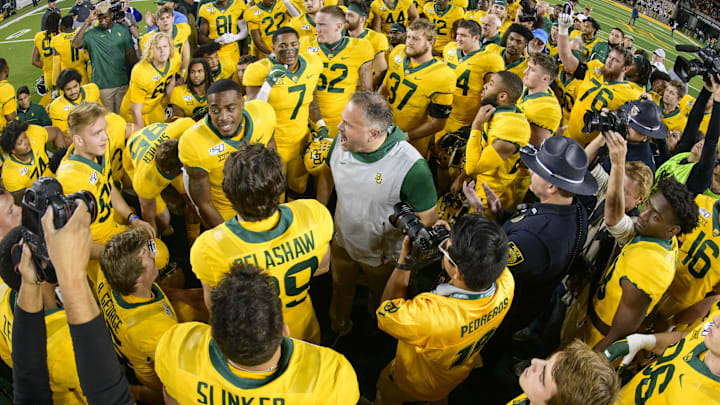 Baylor head coach Matt Rhule fires up his team after the Bears' 2019 win over Texas. Baylor head coach Matt Rhule fires up his team after the Bears' 2019 win over Texas.