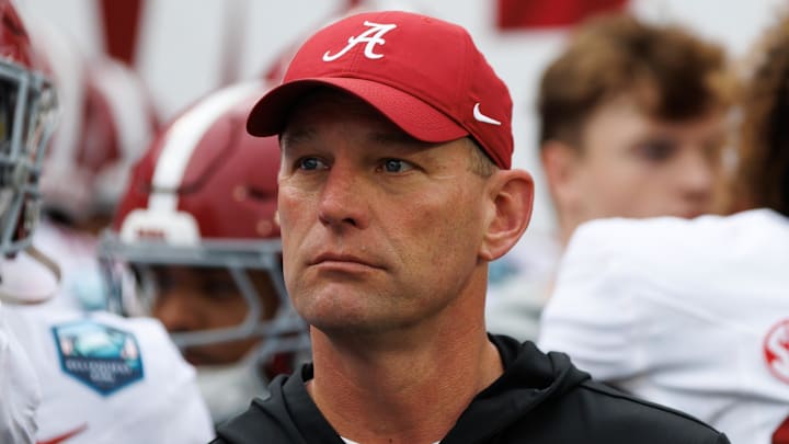 Dec 31, 2024; Tampa, FL, USA; Alabama Crimson Tide head coach Kalen DeBoer looks on before running onto the field before a game against the Michigan Wolverines at Raymond James Stadium. Mandatory Credit: Matt Pendleton-Imagn Images