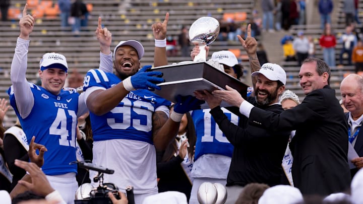 Manny Diaz, head football coach at Duke, celebrates a 42-29 win with his team against Arizona State in the Tony the Tiger Sun Bowl at Sun Bowl Stadium in El Paso, Texas, on Wednesday, Dec. 31, 2025.