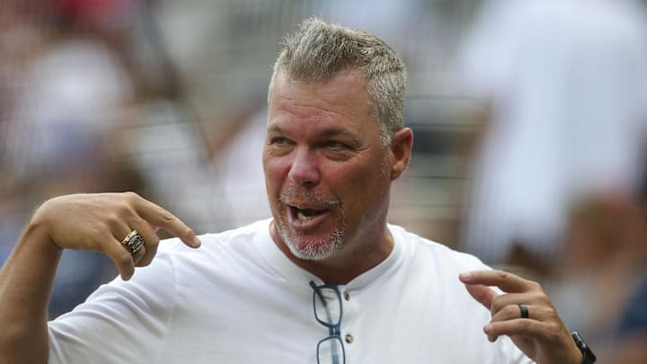 Jun 25, 2022; Atlanta, Georgia, USA; Atlanta Braves hitting consultant Chipper Jones (10) on the field before a game against the Los Angeles Dodgers at Truist Park. Mandatory Credit: Brett Davis-Imagn Images