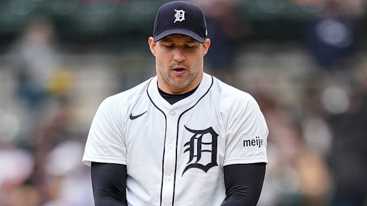 Detroit Tigers pitcher Tommy Kahnle (43) throws against the San Francisco Giants during the ninth inning at Comerica Park in Detroit on Wednesday, May 28, 2025.