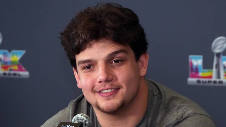 Feb 3, 2026; Santa Clara, CA, USA; New England Patriots offensive tackle Will Campbell speaks to the media during Super Bowl LX press conference at Santa Clara Marriott. Mandatory Credit: Kirby Lee-Imagn Images