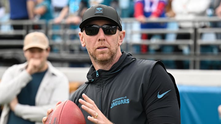 Jan 11, 2026; Jacksonville, FL, USA; Jacksonville Jaguars head coach Liam Coen before an AFC Wild Card Round game against the Buffalo Bills at EverBank Stadium. Mandatory Credit: Melina Myers-Imagn Images