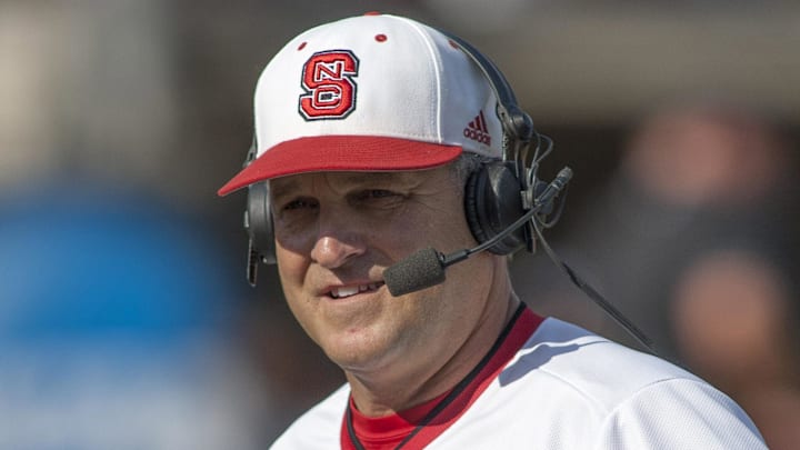 Jun 8, 2013; Raleigh, NC, USA; North Carolina State Wolfpack head coach Elliott Avent talks during a interview between innings in the game against the Rice Owls in the game against the Rice Owls in the Raleigh super regional of the 2013 NCAA baseball tournament at Doak Field. North Carolina State defeated Rice 4-3. Mandatory Credit: Jeremy Brevard-Imagn Images