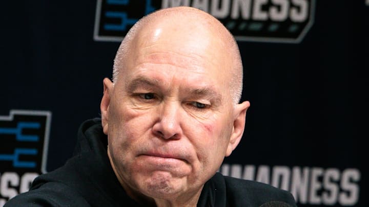 Mar 18, 2026; Oklahoma City, OK, USA; Saint Mary's Gaels head coach Randy Bennett gives an interview prior to a practice session ahead of the first round of the men's 2026 NCAA Tournament at Paycom Center. Mandatory Credit: William Purnell-Imagn Images