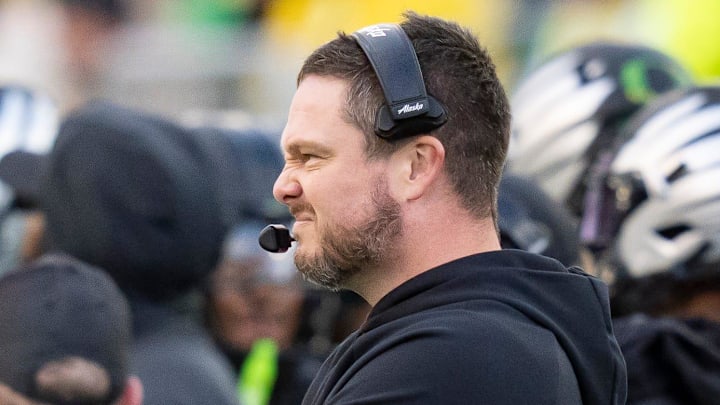 Oregon head coach Dan Lanning looks on as the Oregon Ducks host the Wisconsin Badgers on Oct. 25, 2025, at Autzen Stadium in Eugene, Oregon.