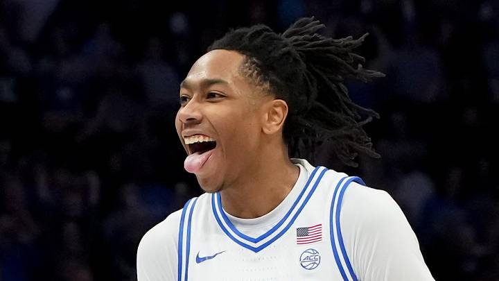 Mar 14, 2026; Charlotte, NC, USA; Duke Blue Devils guard Isaiah Evans (3) celebrates after a play against the Virginia Cavaliers during the men's ACC Conference Tournament Championship at Spectrum Center. Mandatory Credit: Bob Donnan-Imagn Images