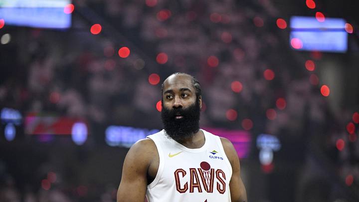 Apr 29, 2026; Cleveland, Ohio, USA; Cleveland Cavaliers guard James Harden (1) stands on the court before game five of the first round of the 2026 NBA Playoffs against the Toronto Raptors at Rocket Arena. Mandatory Credit: David Richard-Imagn Images