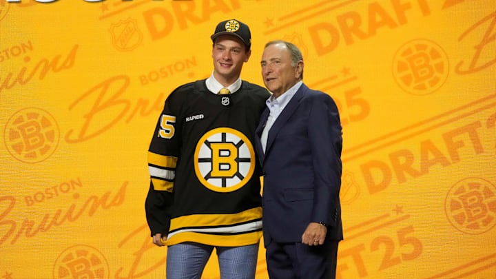 Jun 27, 2025; Los Angeles, California, USA; James Hagens is selected as the seventh overall pick to the Boston Bruins in the first round of the 2025 NHL Draft at Peacock Theater. Mandatory Credit: Kirby Lee-Imagn Images