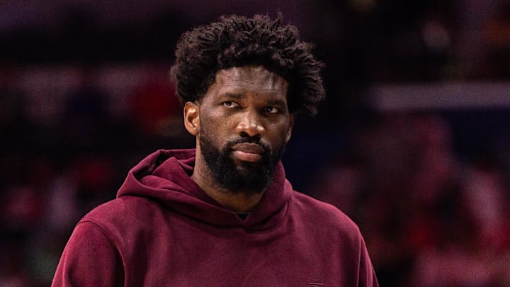 Philadelphia 76ers center Joel Embiid (21) looks on against the New Orleans Pelicans during the first half at Smoothie King Center.