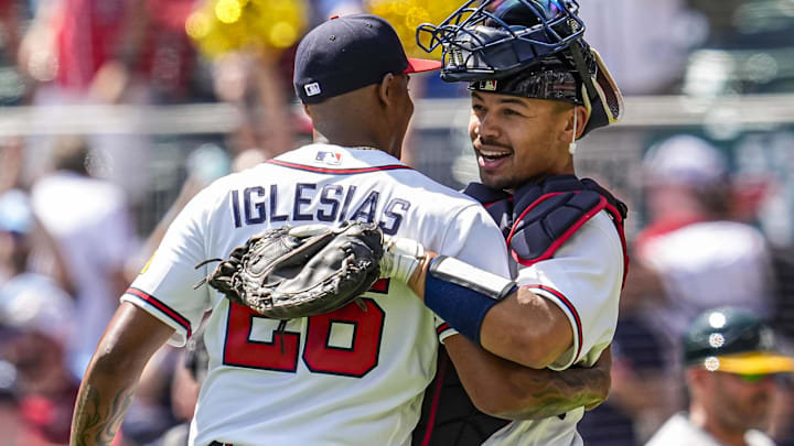 Apr 1, 2026; Cumberland, Georgia, USA; Atlanta Braves pitcher Raisel Iglesias (26) and catcher Drake Baldwin (30) react after the Braves defeated the Athletics at Truist Park. Apr 1, 2026; Cumberland, Georgia, USA; Atlanta Braves pitcher Raisel Iglesias (26) and catcher Drake Baldwin (30) react after the Braves defeated the Athletics at Truist Park.