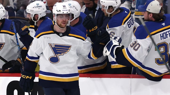 May 4, 2025; Winnipeg, Manitoba, CAN; St. Louis Blues center Radek Faksa (12) celebrates after his goal against the Winnipeg Jets in the second period in game seven of the first round of the 2025 Stanley Cup Playoffs at Canada Life Centre. Mandatory Credit: James Carey Lauder-Imagn Images